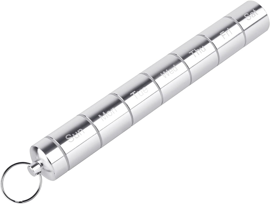 Pill Box Organizer, 7 Kompartment Pille Case, Wasserdichte Notfallmedizin Container, Tägliche Pillenhalter, Pill Dispenser Aufbewahrungsbox mit Schlüsselanhänger, Ideal für Reisen/Outdoor/Crush-Resistant (Sliver)