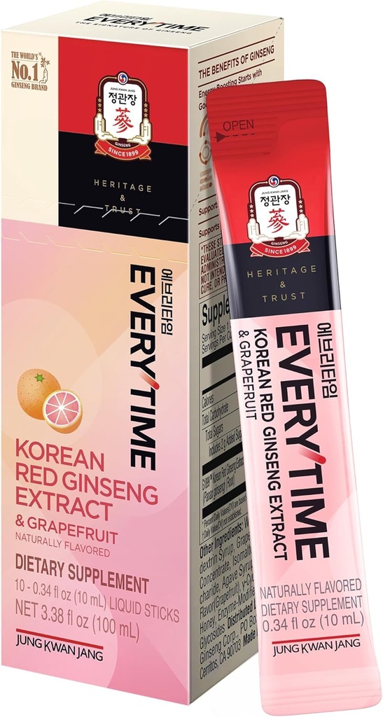 JUNG KWAN JANG Everytime Korean Red Ginseng Extract 1000mg & Grapefruit - Vegan Ginseng Root Energy Drink Liquid Stick Supplements - baut Stamina & Immunität, No Caffeine (10 Sticks, 0.34 fl oz)