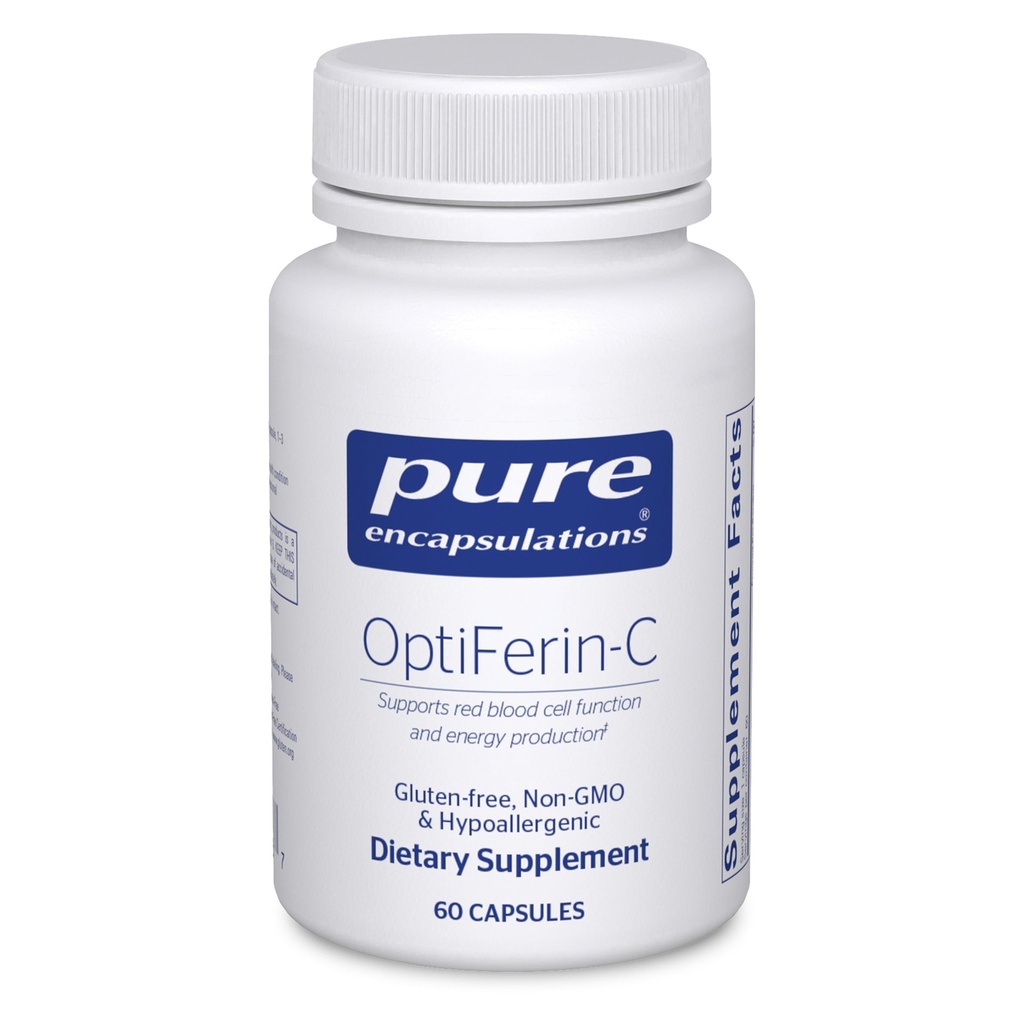 Encapsulations pures OptiFerin-C - pour les globules rouges et l'énergie - Soutien à l'absorption de fer - Supplément énergétique* - Vitamine C enrichie - Sans gluten et sans OGM - 60 capsules