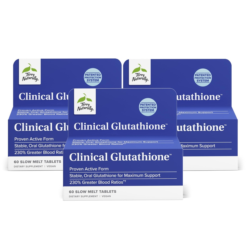 Terry Naturally Clinical Glutathione - Antioxidante Ergänzung für hohe Absorption - Nahrungsergänzung mit L-Glutathione - Vegan-Ergänzung zur Unterstützung von Zellgesundheit - 60 Slow Melt Tabletten (Pack von 3)