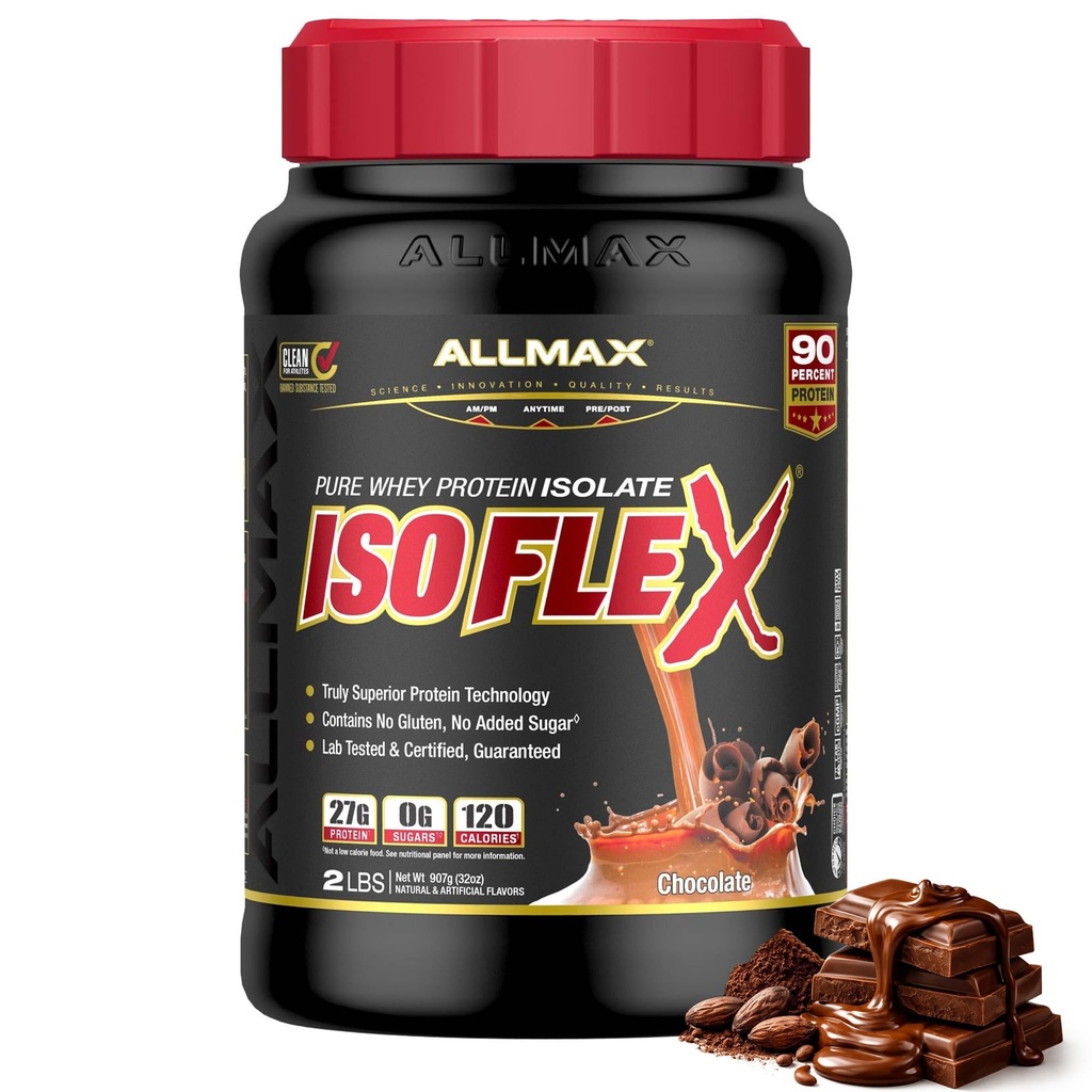 ALLMAX ISOFLEX Isolate de protéines de lactosérum, chocolat - 2 lb - 27 grammes de protéines par scoop - Zéro gras et sucre - 99% Sans lactose - Sans gluten et sans soja - Env. 30 portions