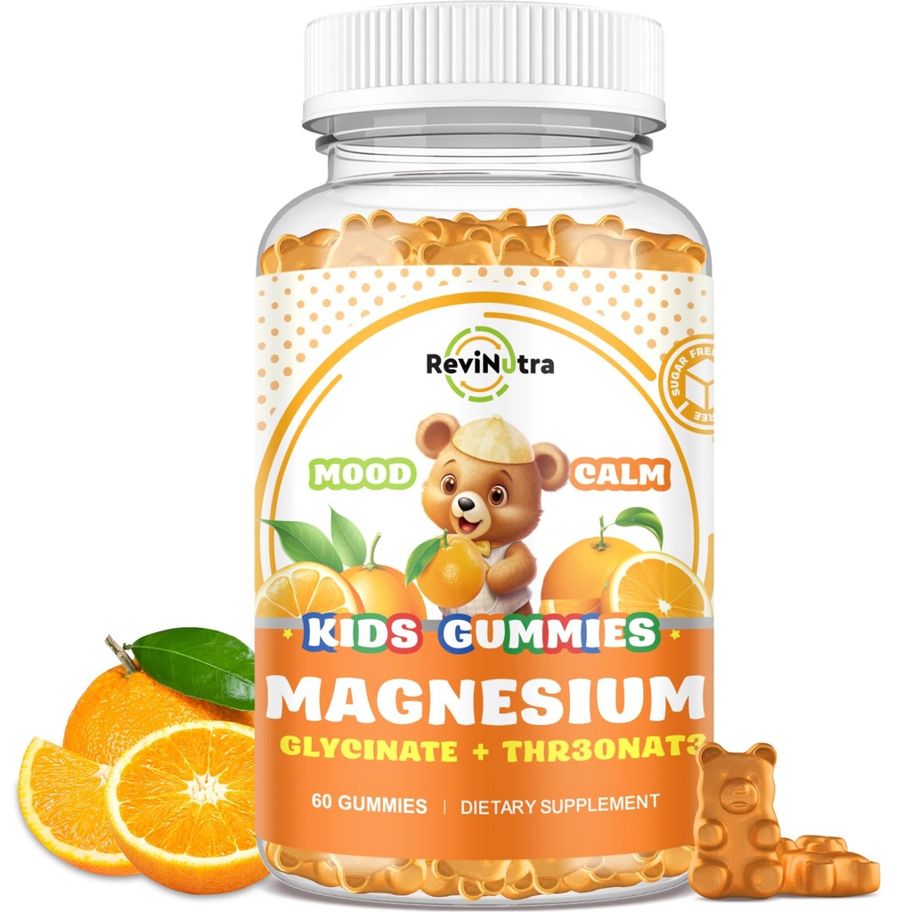 Magnesium Complex Gummis für Kinder & Erwachsene- Magnesium Glycinate Supplement- Unterstützung Calm Stress Relief, Knochen, Mood Vegan- Sugar-Free Orange Flavor, 60 Gummis