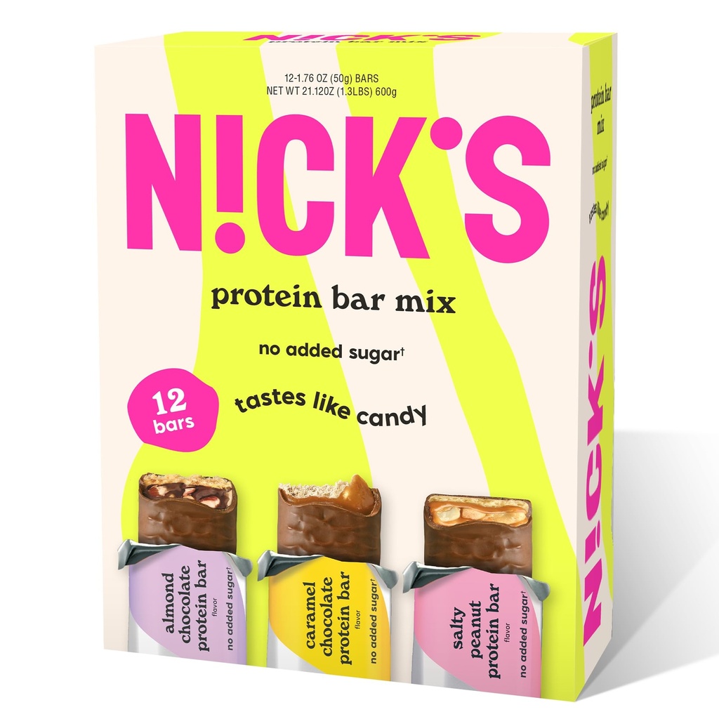 Nick's Protein Bars Chocolate Variety Pack High Protein, Low Calories, Low Carb Keto Friendly Snacks Keine Hinzugefügt Zucker, Salty Peanut, Chocolate Caramel und Mandel Chocolate (12 Pack)