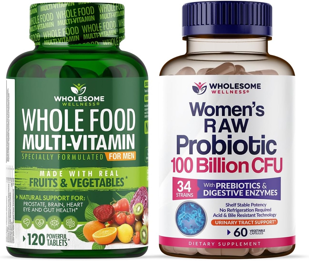 Ganzes Wellness Essen Multivitamin für Männer + Dr. Formulierte Raw Probiotics für Frauen 100 Billion CFUs Bundle