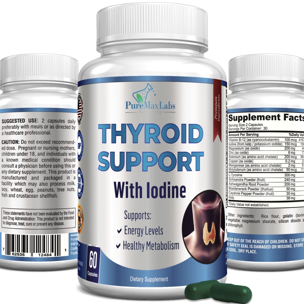Support thyroïdien avec Iodine - Booster de métabolisme, Booster d'énergie, Augmenter la concentration - Supplément thyroïdien non-OGM Premium 60 Capsules