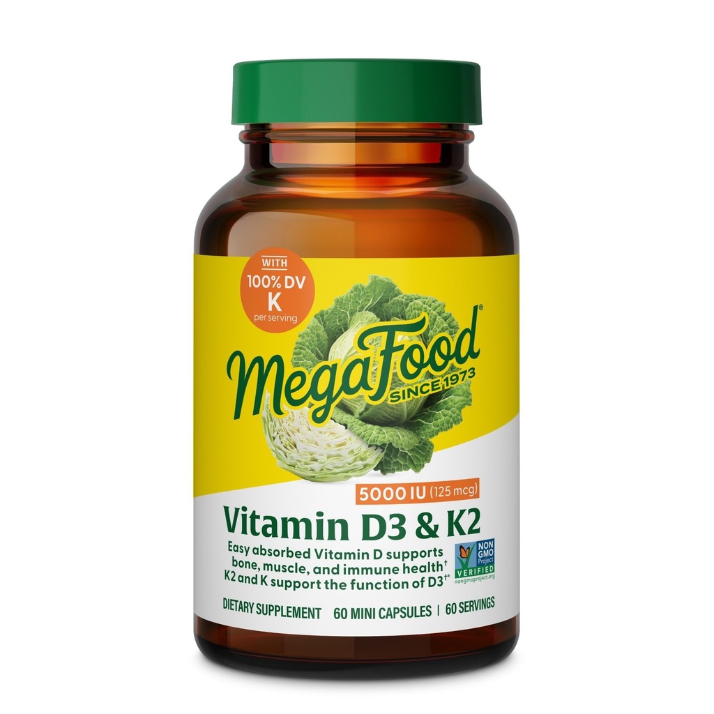 MegaFood Vitamin D3 5000 IU (125 mcg) - Vegetarische Ergänzungen mit Vitamin D3 K2 - Unterstützt Knochen, Zähne, Muskeln & Immune Gesundheit - Certified Non-GMO - 60 Mini Kapseln, 60 Portionen