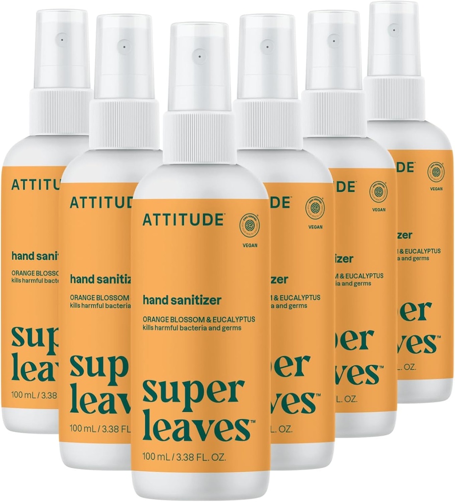 ATTITUDE Handzerstäuber Spray, geprüft, Tötet Germs & Bacteria, Vegan & Plant-Based, Safe für Erwachsene & Kinder, Orange Blossom & Eucalyptus Scent, 3.38 Fl Oz (Pack von 6) (Spray Bottle)