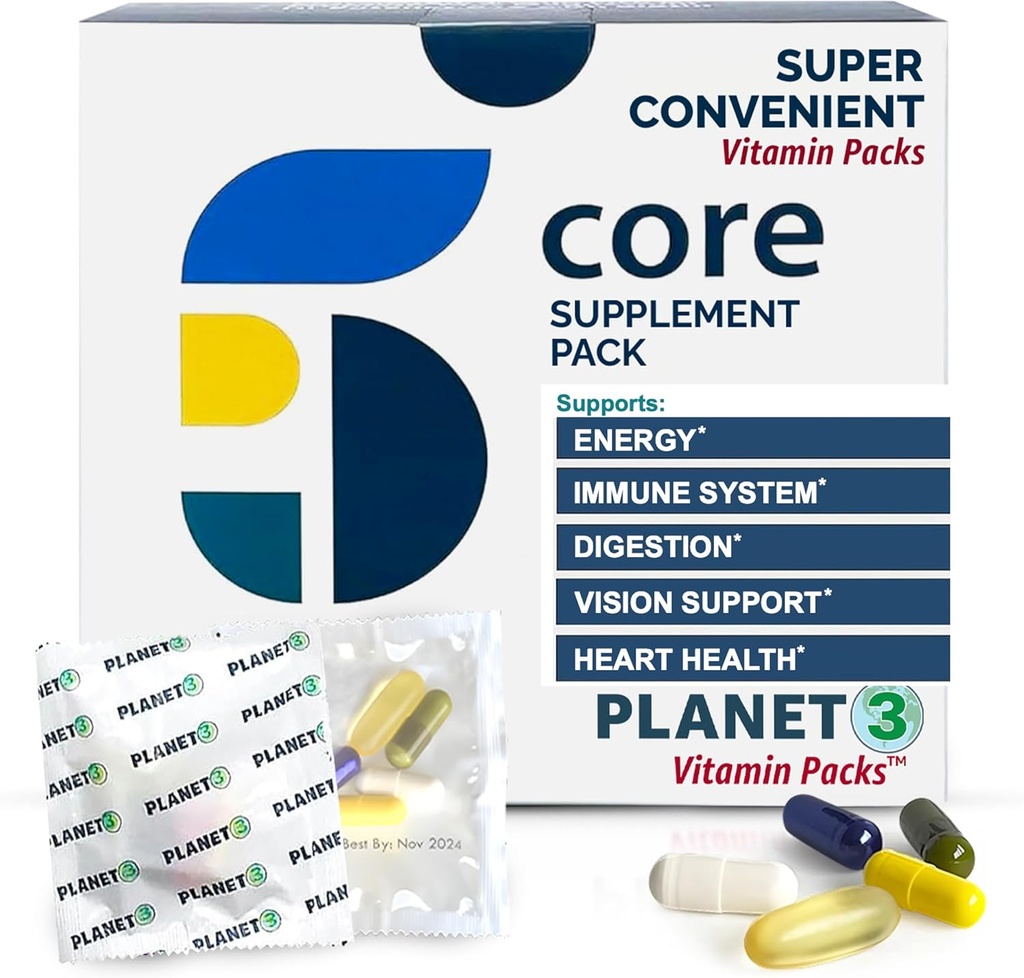 Packs vitaminiques quotidiens pour les hommes et les femmes – Soutien immunitaire avec la baie d'eau, vitamine C, zinc et D3 – Multivitamine avec Oméga-3 pour la santé cardiaque, probiotiques, méthyl B12, biotine, lutéine et zéaxanthine – Planète 3