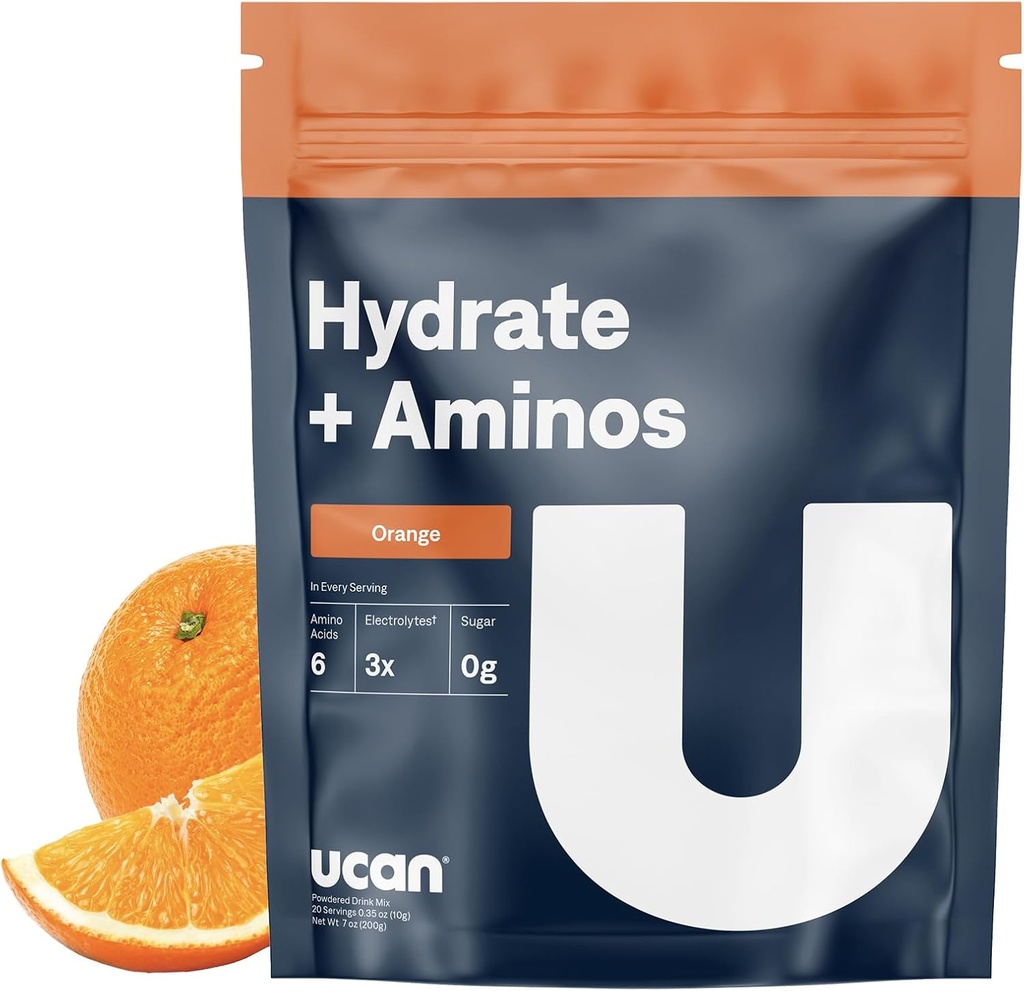 UCAN Hydrate + Aminos, Orange 20 Serving Bag, Keto, Sugar-Free Electrolyte + Muscle Recovery, Essential Electrolytes + EAAs & BCAAs, Non-GMO, Vegan, for Runners, Gym-Goers, Performance Athletes