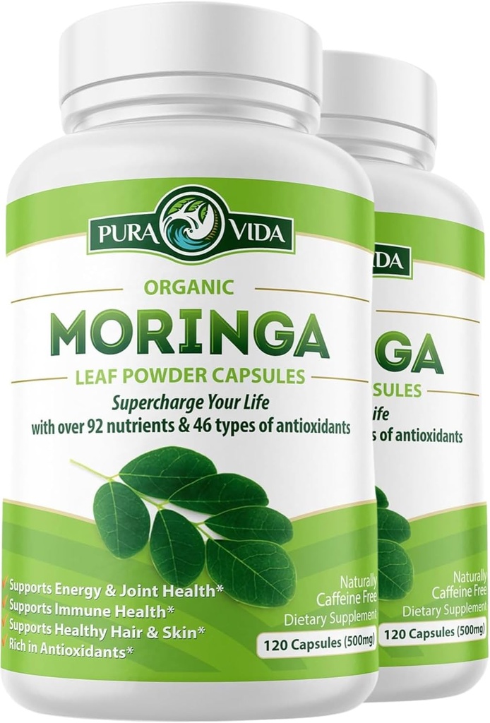 PURA VIDA MORINGA Kapseln Single Origin Bio Moringa Pulver. Moringa Blatt. Energie, Stoffwechsel, & Immununterstützung. 120ct. 500mg Caps. (Pack von 2)