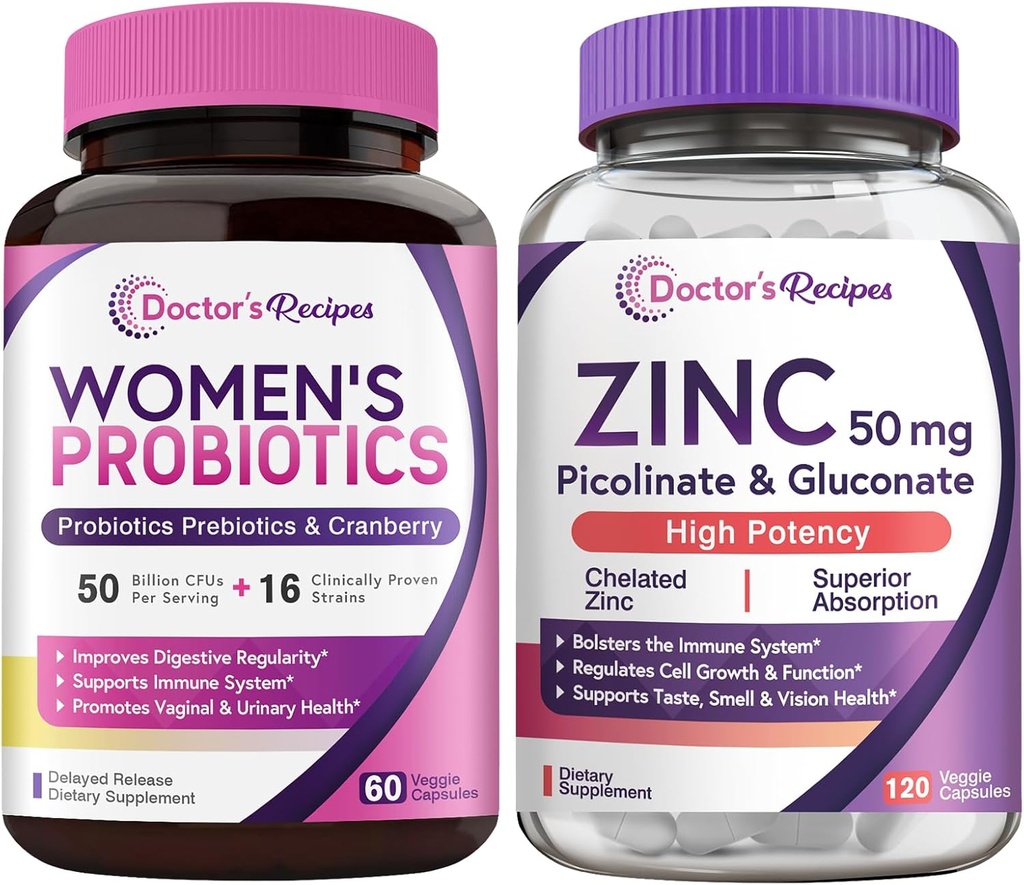 Arzt Rezepte Frauen Probiotic & Zink Bundle, Verdauungs-, Vaginal- & Urinary-Gesundheit, natürliche Immunabwehr, verzögerte Freisetzung Probiotische Kapseln 60ct & Zink Kapseln 120 ct