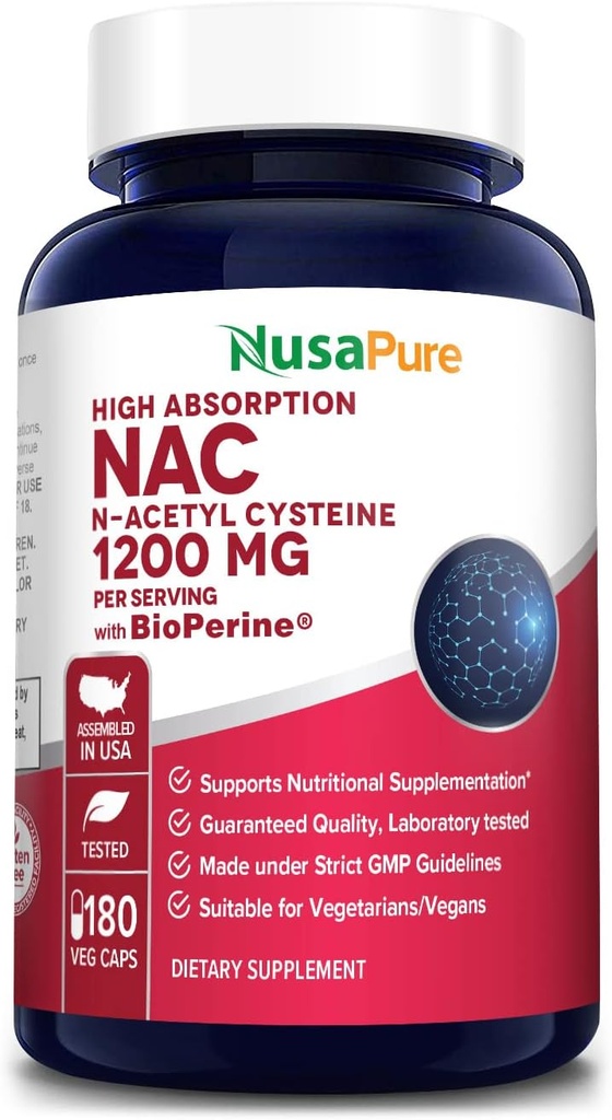 NusaPure N-Acetyl Cystein (NAC) 1200mg 180 Veggie Caps (Vegetarisch, Non-GMO, Glutenfrei) Bioperine