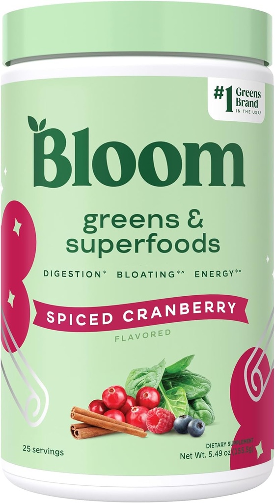 Bloom Nutrition Superfood Greens Powder, Digestive Enzyme mit Probiotika und Präbiotika, Gut Health, Bloating Relief für Frauen, Chlorella, Green Juice Mix mit Rübe Root, 25 SVG, Spiced Cranberry