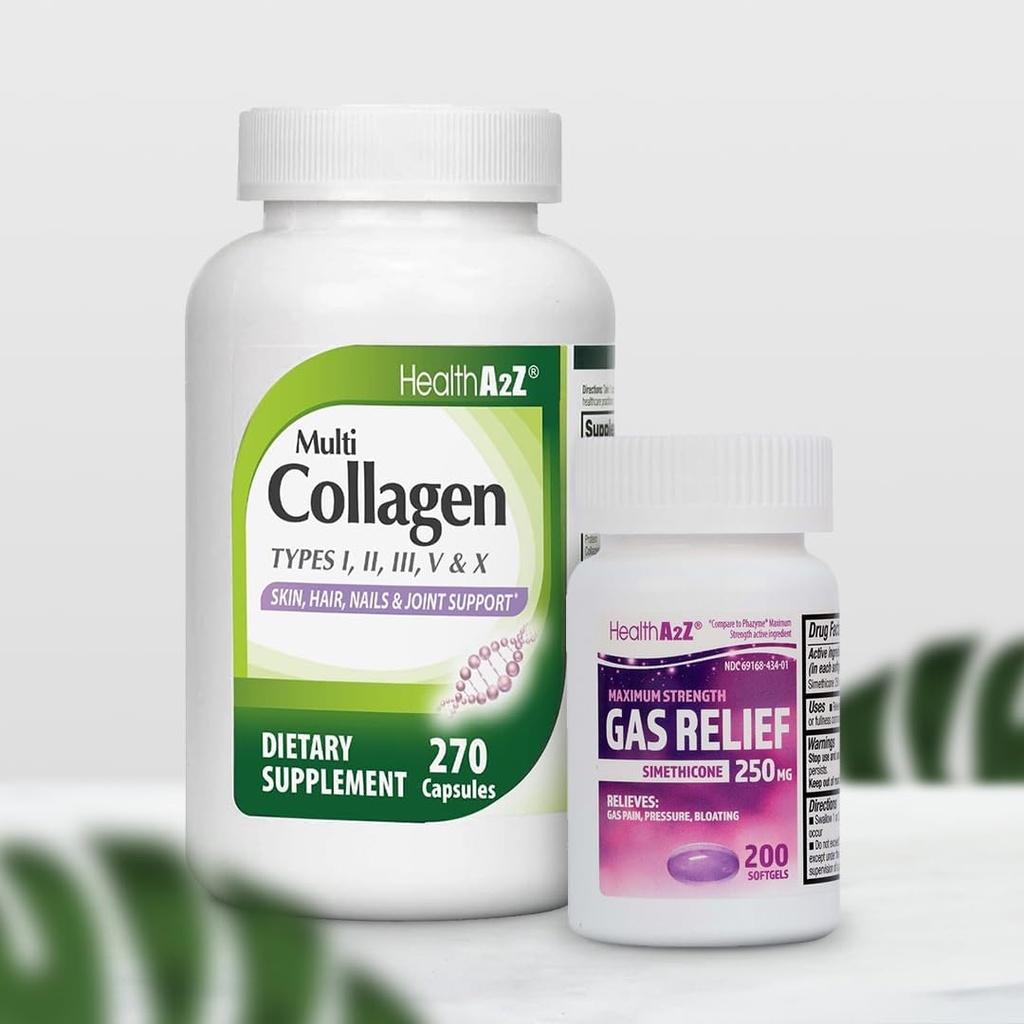 HealthA2Z® Super-Epargne Bundle Deal - Siméthicone de dégazage 250mg (200 Softgels) et pilules multicollagènes, 1735 mg (270 gélules de collagène)