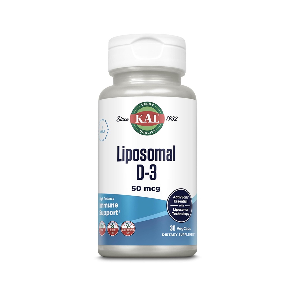 KAL Liposomique Vitamine D3 50 mcg, Haute Absorption Vitamine D, Technologie liposomique, Soutien immunitaire à haute puissance, Capsules végétaliennes, Sans gluten, Pas de soja, 30 portions
