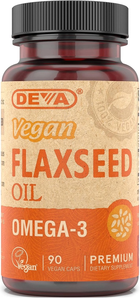 Deva Vegan Omega-3 Flaxseed Öl-Ergänzung - 1000 MG Per Servieren - Kalt-Pressed & Unrefined - Fischöl Alternative - mit Omega-3 ALA - 90 Kapseln, 1-Pack