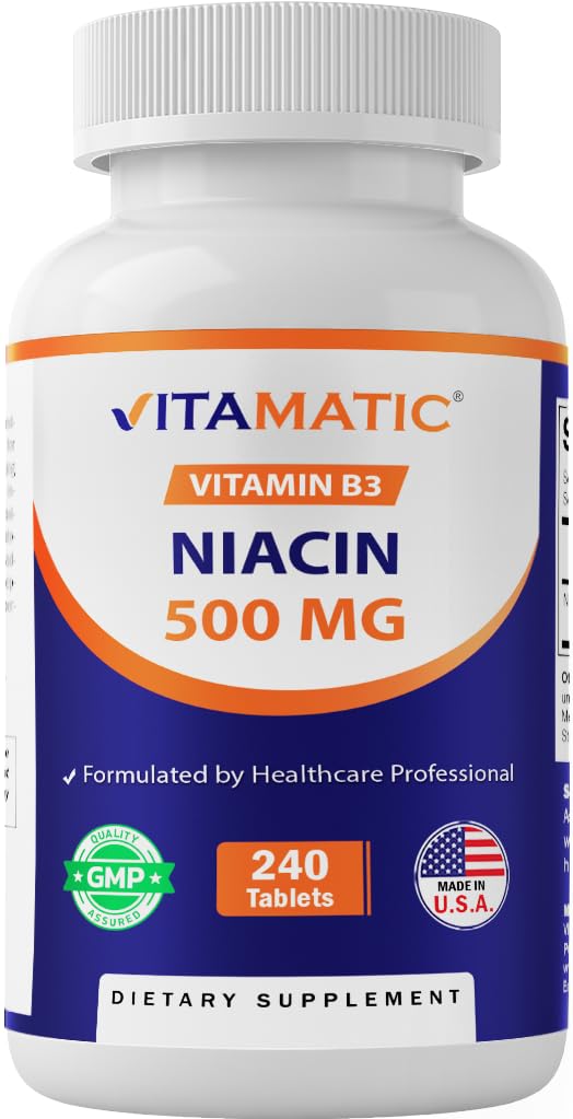 Niacine vitamatique (Vitamine B3) 500mg, libération prolongée, 240 comprimés - sans OGM et sans gluten