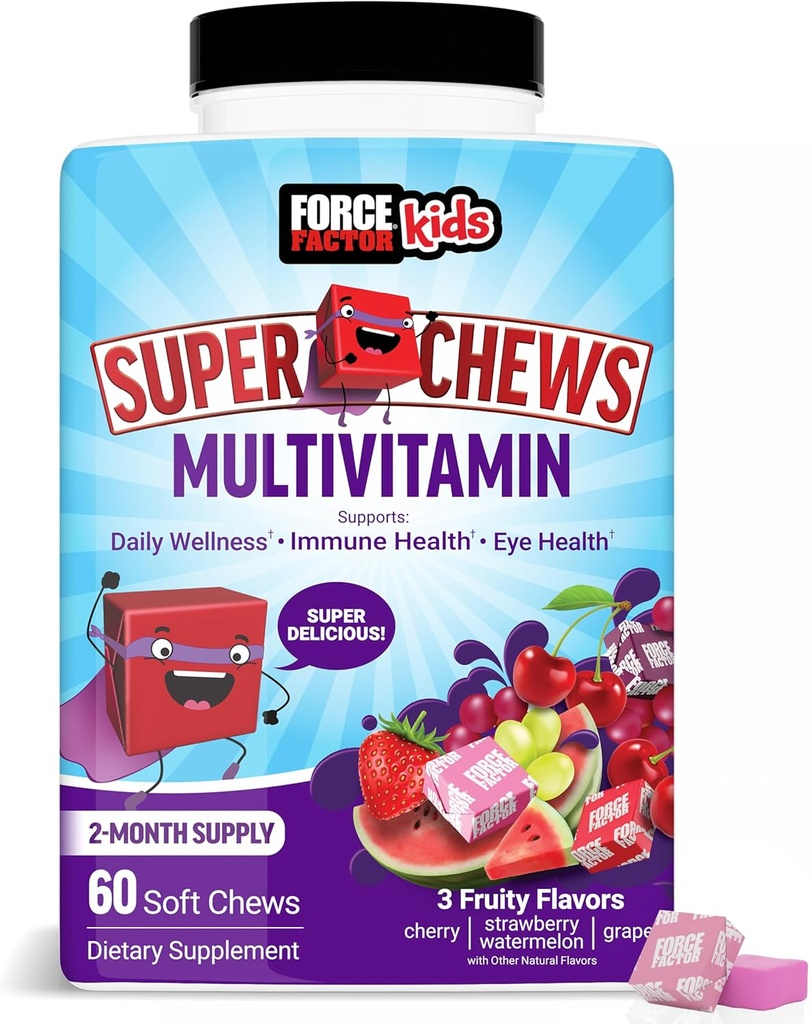 Kraftfaktor Kids Multivitamin Super Chews, Kinder Vitamine Wellness, Immungesundheit, Augengesundheit, &amp; Mehr mit 18 Vitaminen, Mineralien, & Antioxidantien, 2-Monats-Versorgung, Multi-Flavor, 60 Soft Chews