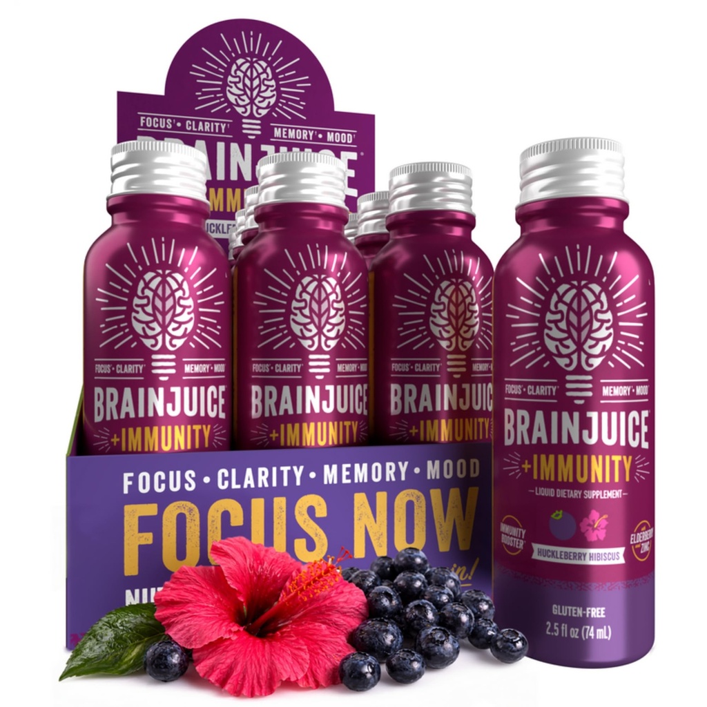BrainJuice Brain and Immune Support Shot, Glutenfreie Ergänzung Shots für Energie, Fokus, Immunität mit Vitamin D, C B, Alpha GPC & Organic Ginger Root, Huckleberry Hibiscus, 2,5 fl oz, 12 Pack