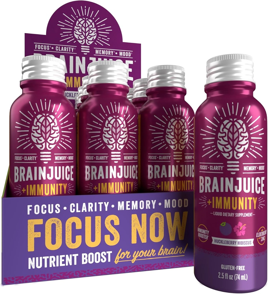 BrainJuice Brain and Immune Support Shot, Glutenfreie Ergänzung Shots für Energie, Fokus, Immunität mit Vitamin D, C B, Alpha GPC & Organic Ginger Root, Huckleberry Hibiscus, 2,5 fl oz, 12 Pack