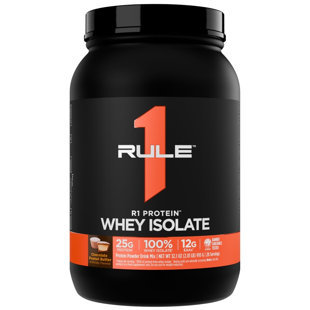 Regel 1 R1 Protein Whey Isolate - mit 25g Protein & 6g BCAA Exklusiv von isolierten & hydrolysierten Quellen für Workout Recovery (2 Pfund*, Schokoladen-Peanut Butter)