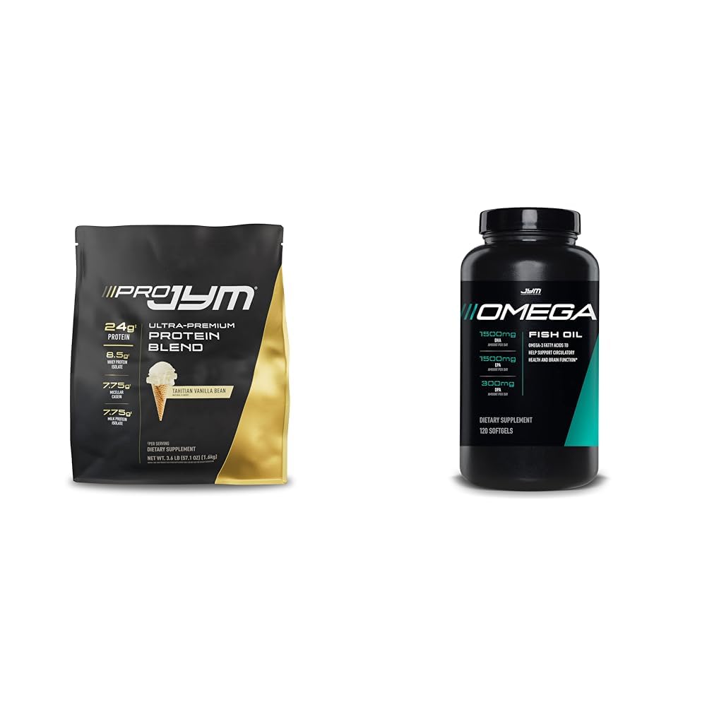 JYM Supplement Science PRO JYM 45 Servierungen - Tahitian Vanilla Bean & mg, High Potency Omega 3, EPA, DHA, DPA für Gehirn, Herz, & Joint Support 120 Soft Gels