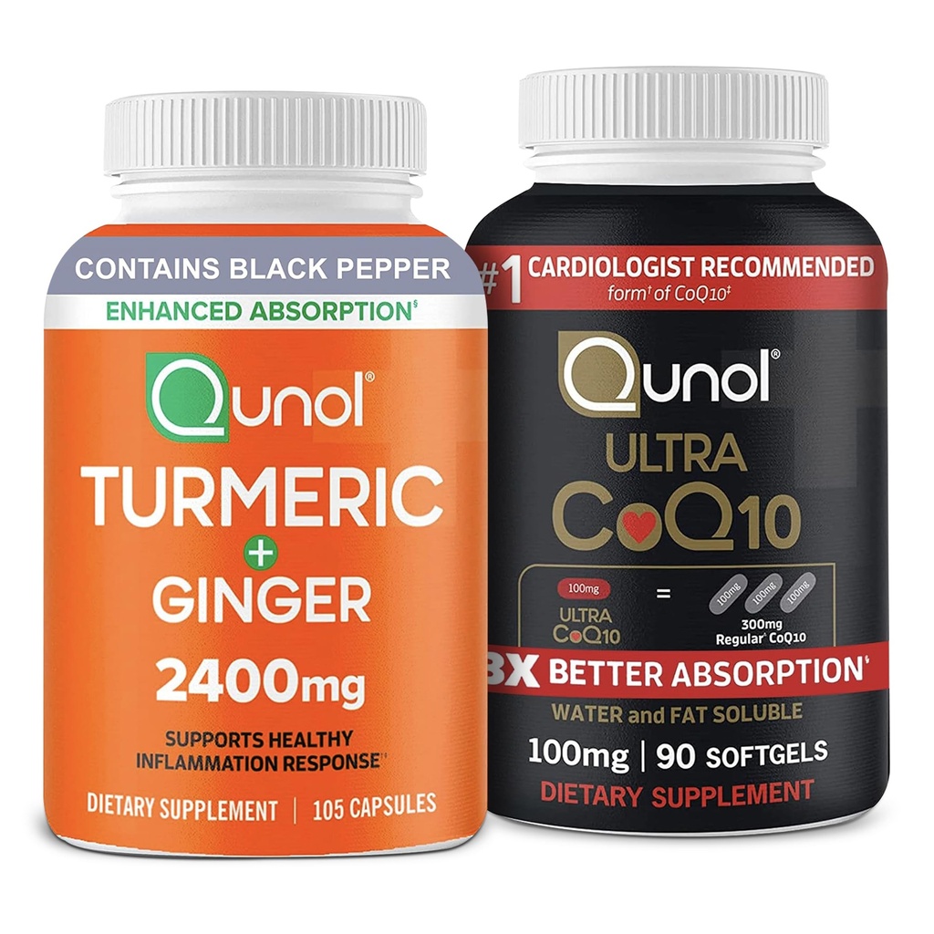 Qunol CoQ10 & Turmeric: Turmeric Curcumin, 2400mg, 105 Capsules & Ultra CoQ10 100mg, 90 Softgels