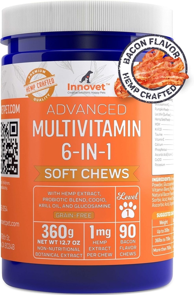 Innovet Pet Advanced Dog Multivitamin Supplements - Probiotika, Kalzium, Hanf Seed Powder & Glucosamine für Hunde - Omega 3-6-9 Ergänzungen - Vitamine Ergänzungen für Hunde Angst Relief – Bacon Flavor
