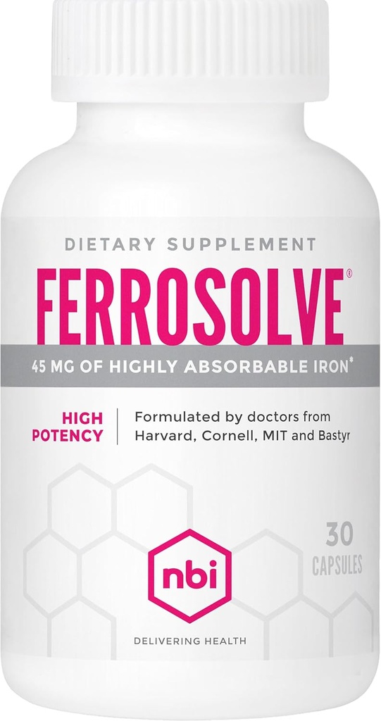 NBI FerroSolve, beste Absorption Eisen Ergänzung 45 mg | Hohe Potenz | GI Safe | 30ct Veggie Kapseln