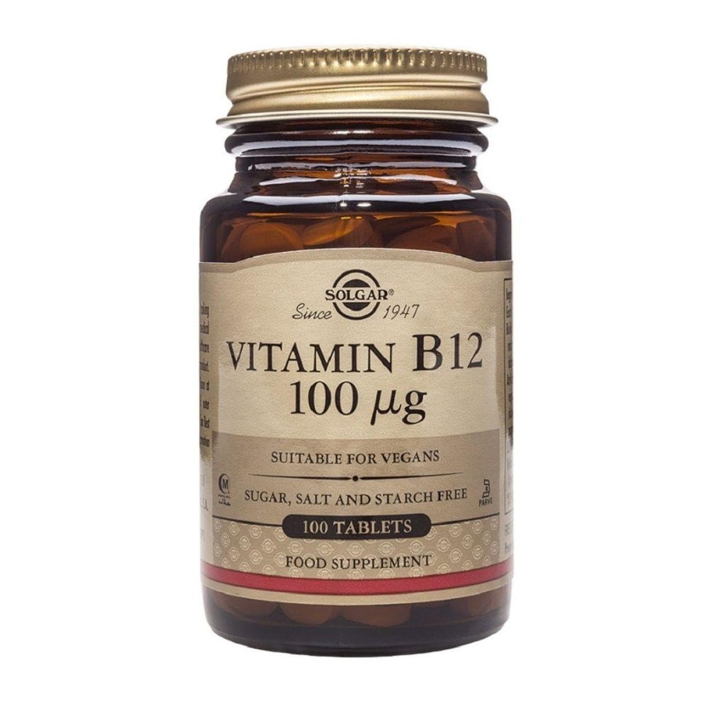 Solgar Vitamine B12 100 mcg - 100 Comprimés - Métabolisme énergétique et soutien du système nerveux - Non-OGM, végétalien, sans gluten et sans produits laitiers, casher, halal - 100 portions