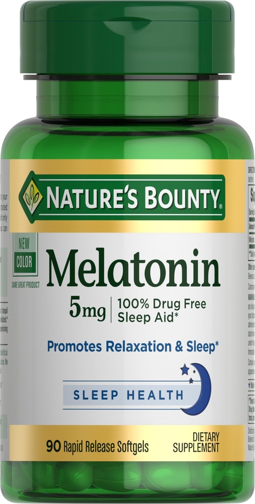 Nature's Bounty Melatonin, 100% sans médicament aide au sommeil, complément alimentaire, favorise la détente et la santé du sommeil, 5mg, 90 Softgels (paquet de 1)