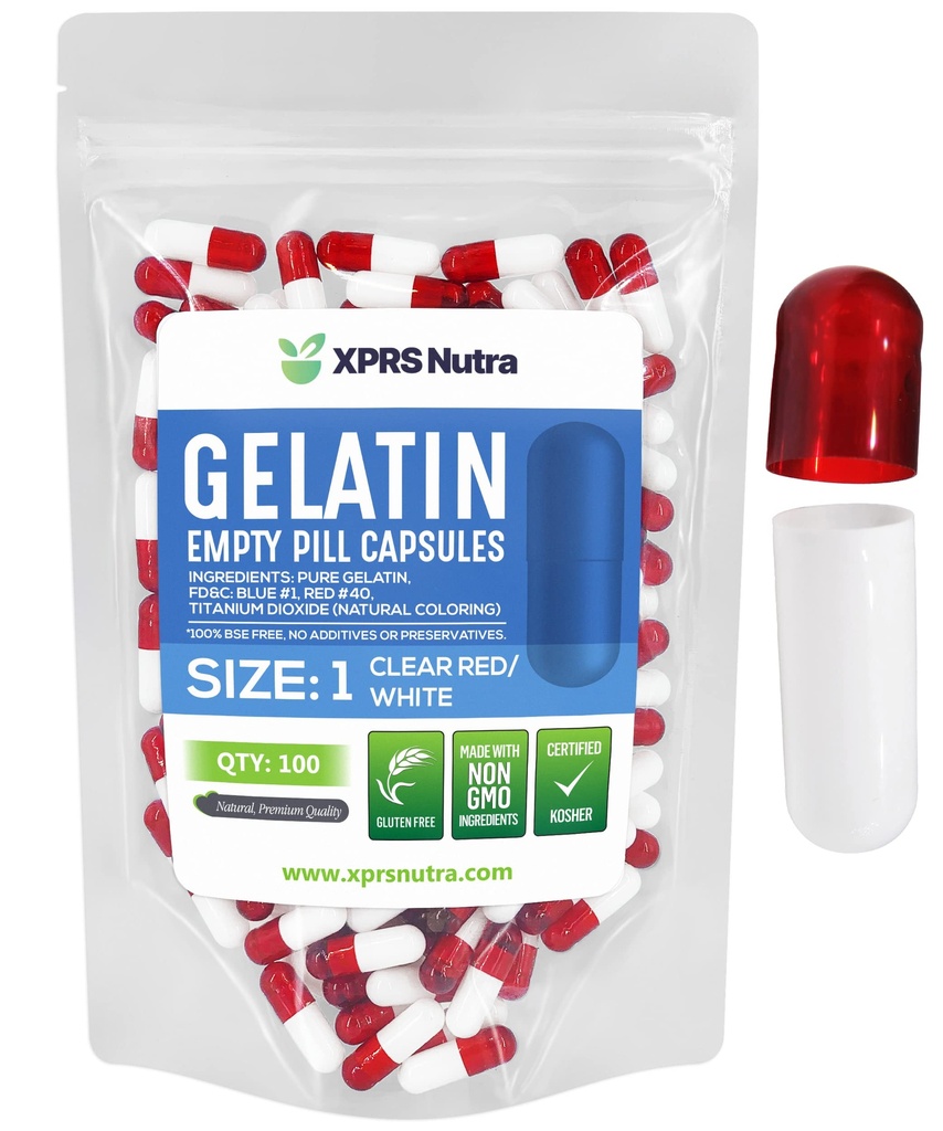 XPRS Nutra Größe 1 Leere Kapseln - 100 Count Leere Gelatine Kapseln - Pille DIY Kapsel Füllung - Pure Bovine Pill Gel Kapseln für Do-It-Yourself Ergänzungen (Clear Red/White)