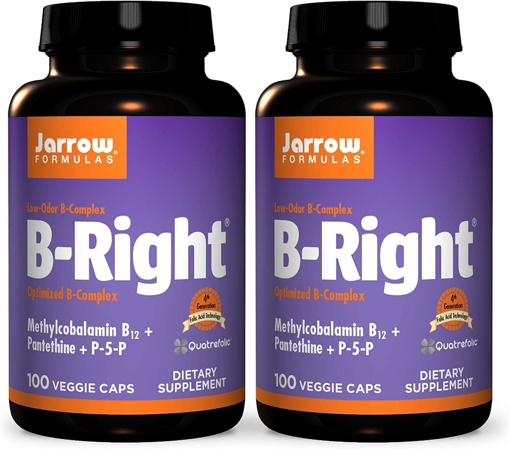 Jarrow Formulas B-Right - 100 Veggie Caps, Paket von 2 - Low-Odor Vitamin B-Complex Formel - Energie & Stoffwechselunterstützung - Fördert Gehirn, Herz & Herz-Kreislauf-Gesundheit - 100 Count (Pack von 2)