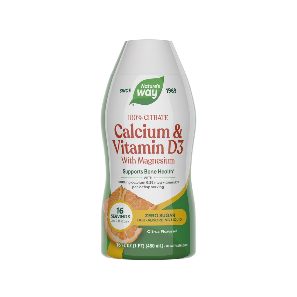 Nature's Way Calcium & Vitamin D3 mit Magnesium Liquid Supplement*, unterstützt Knochengesundheit*, Fast Absorbierende Flüssigkeit, Glutenfrei, Zuckerfrei, Citrus Flavored, 16 Fl Oz (Packaging May Vary)