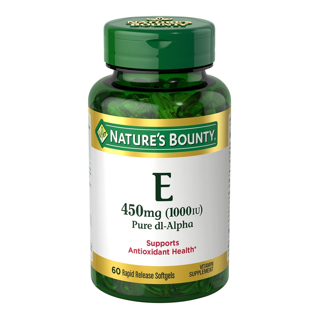 Nature's Bounty Vitamine E 1000 UI Softgels, soutient la santé antioxydante et système immunitaire, 1 service par jour, sans gluten, 60 Softgels (paquet de 1)