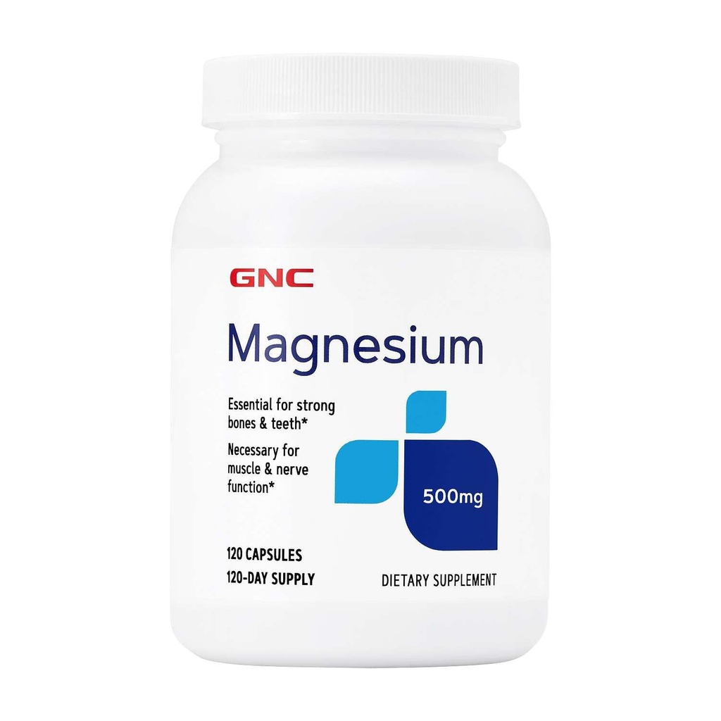 GNC Magnésium 500mg, 120 Capsules, soutient l'absorption de calcium et les dents fortes et les os