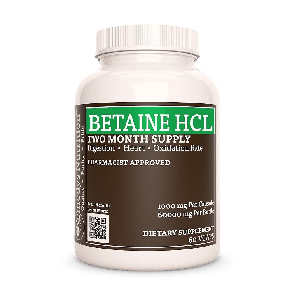 Remedy Ernährung Betaine HCL (Hydrochlorid) | 1.000 mg, 60 Kapseln Nahrungsergänzung | Zwei Monate Versorgung | Enthält auch Calciumcarbonat, Papain & Bromelain
