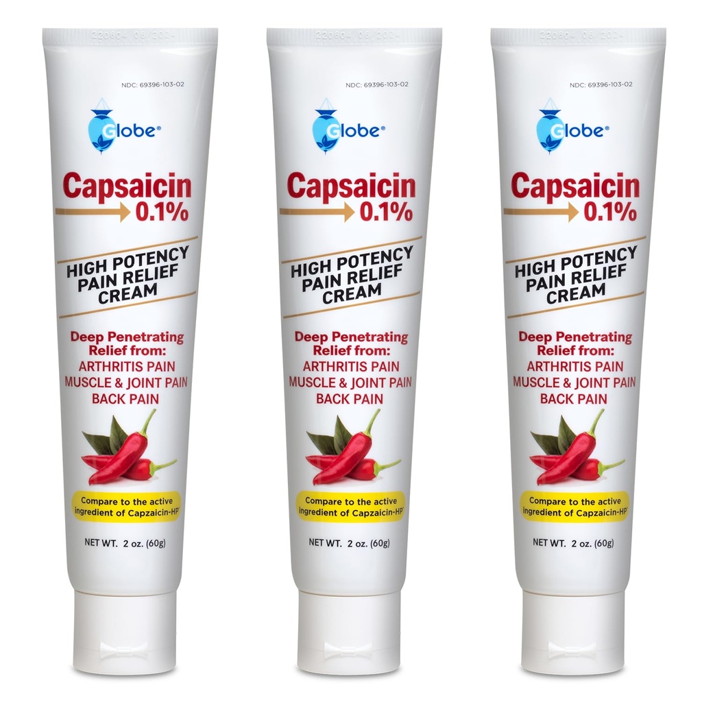 Globe (3 Pack) Capsaicin 0.1% High Potency Pain Relief Cream, Unscented (2 oz) Deep Penetrating Relief von: Arthritis, Muskel, Gelenk und Rückenschmerzen