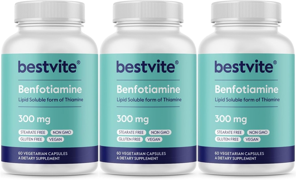 Benfotiamin 300mg (180 vegetarische Kapseln) (60x3) No Stearates - No Silicon Dioxide - Vegan - Non GMO - Glutenfrei