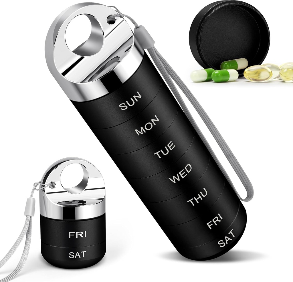 TaroKitc Metall Wöchentliche Pille Organizer, stilvolle Aluminiumlegierung Reise Pille Box, Portable wasserdichte tägliche Pille Fall, 7 Tage Medizin Halter mit großen Bestandteil für Vitamin, Fischöl, Beilage(Schwarz)