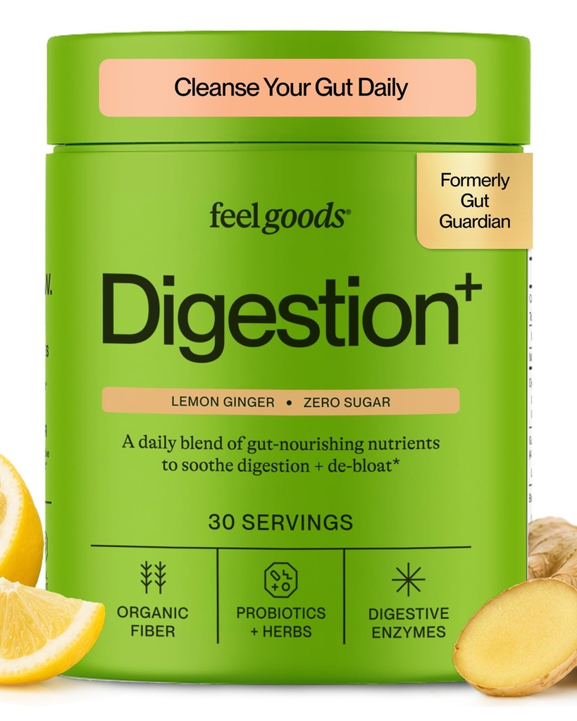 Feel Goods Gut Guardian, Organic Fiber, Probiotic & Prebiotic Powder, Sugar Free, Kräuter für Bloat, Gut Health Support, Verdauungsgesundheit für Männer und Frauen, Non GMO, Vegan, Lemon Ginger, 30 Servierungen