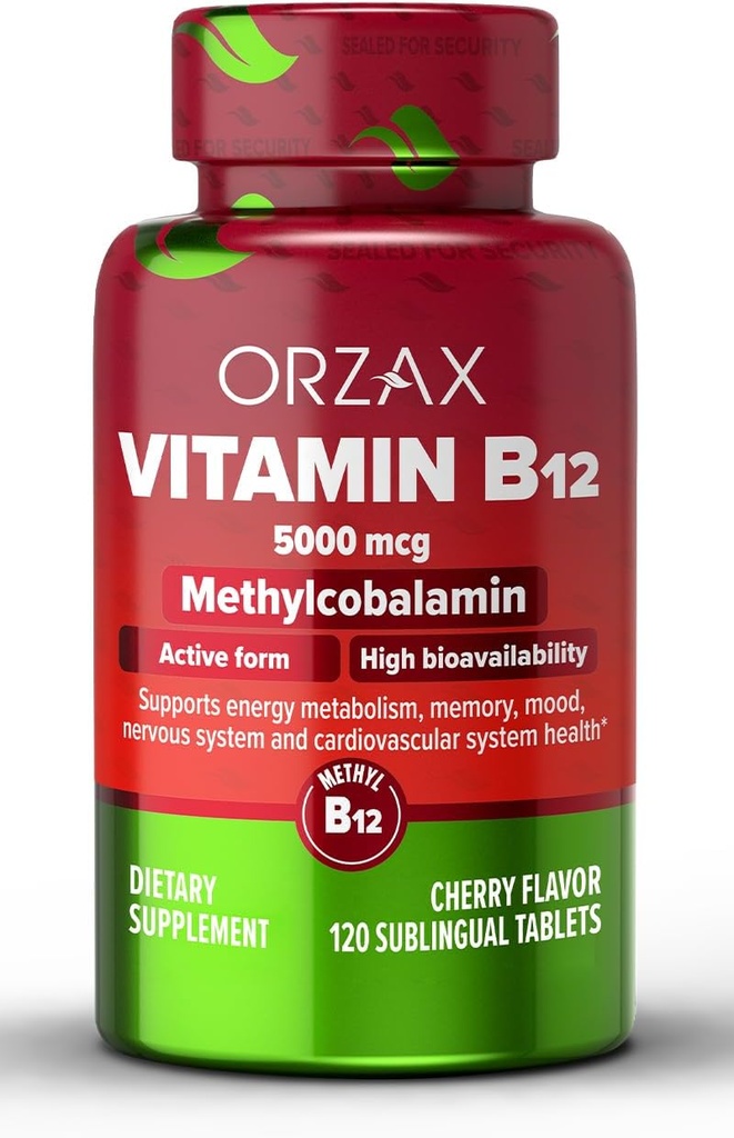 ORZAX Vitamin B12 5000 mcg Methylcobalamin für Memory, Mood, Blutzellenfunktion, Herz-Kreislauf- und Energieergänzung - Kirschblüten - Vegan & Non-GMO - 120 Sublingual Tablets - 120 Tage Versorgung