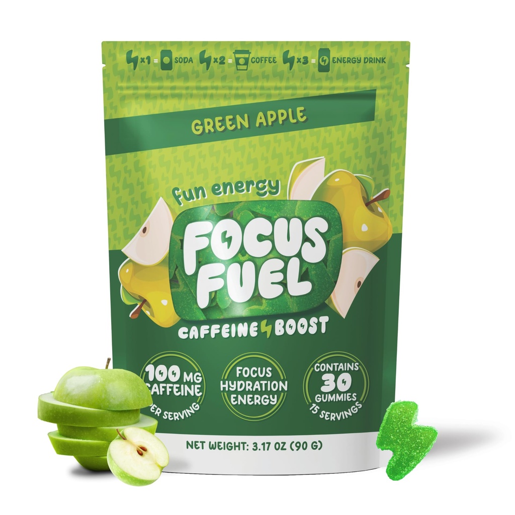 FocusFuel Energy Chews – Green Apple Flavor (15 Servings) – 100mg Caffeine + B12, Magnesium, Alpha GPC – Boost Focus & Energy – No Crash or Jitters