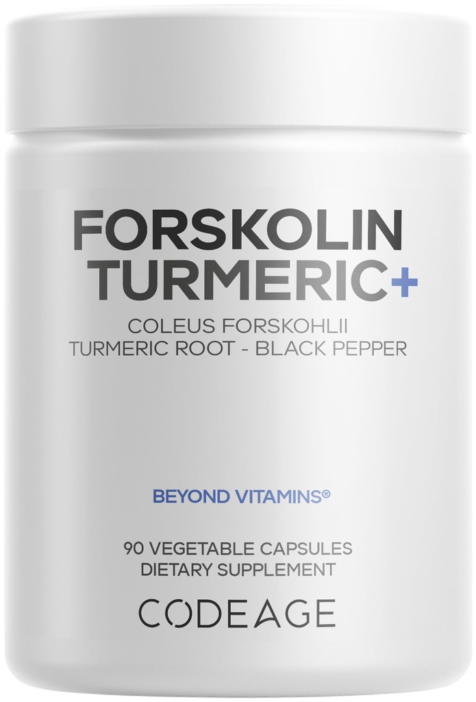 Codeage Forskolin, Pure Forskolin Coleus + Organic Turmeric Root Powder, 95% Curcuminoids + Bioperine Black Pepper - 20% Standardized Coleus Forskohlii Supplement - Non-GMO - 90 Kapseln