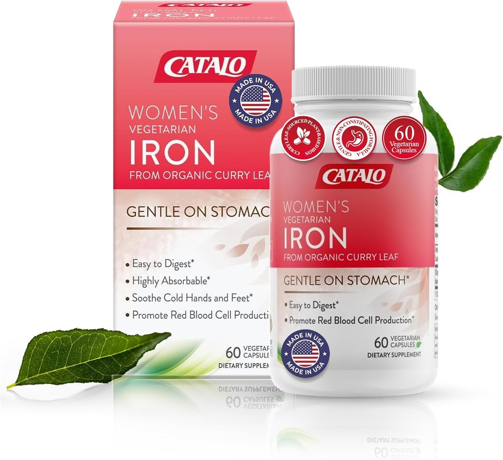 CATALO Eisen Ergänzung für Frauen mit Bio Curry Leaf - Sanfte, hohe Absorption, Vegetarisch-Friendly, Stomach-Easy Formel - 60 Tabletten