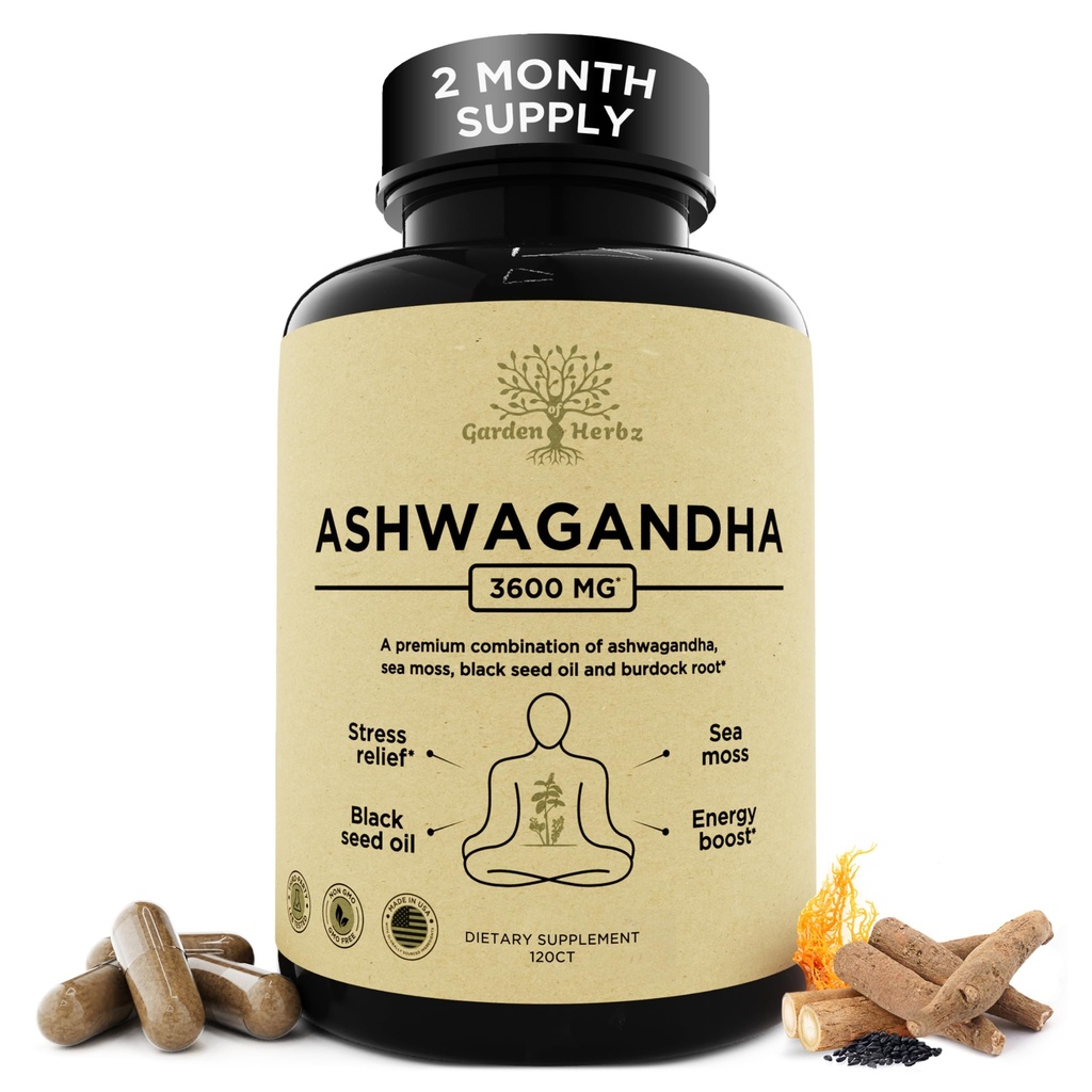 Organic Ashwagandha Root & Irish Sea Moss – 3.600 mg Ashwagandha Supplement mit schwarzem Seed Oil, & Burdock Root – Kräuterergänzung für Energie, Ruhe, Stimmung, & Wellness, 120 Caps