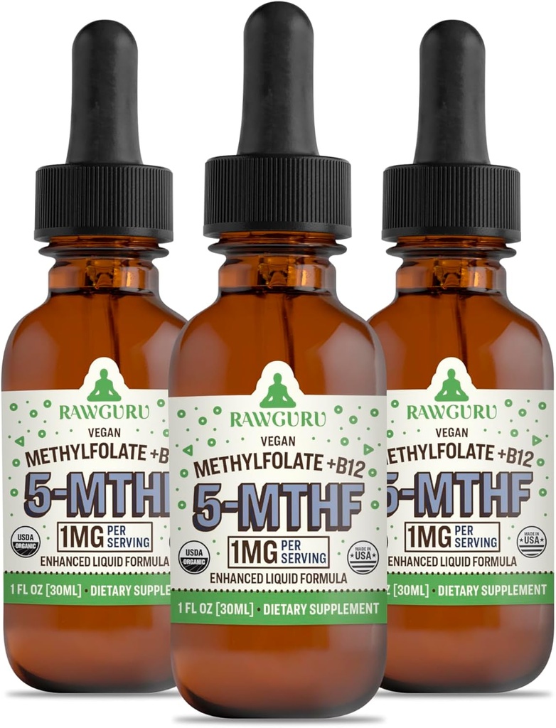 RawGuru Methylfolat 1mg+ Vitamin B12 - Organische Vegan methylierte B12 mit Trace Minerals - Nano-processed & Enhanced Liquid Formula - 300 Servierungen von Vegan Tropfen pro 30 ml, Packung 3
