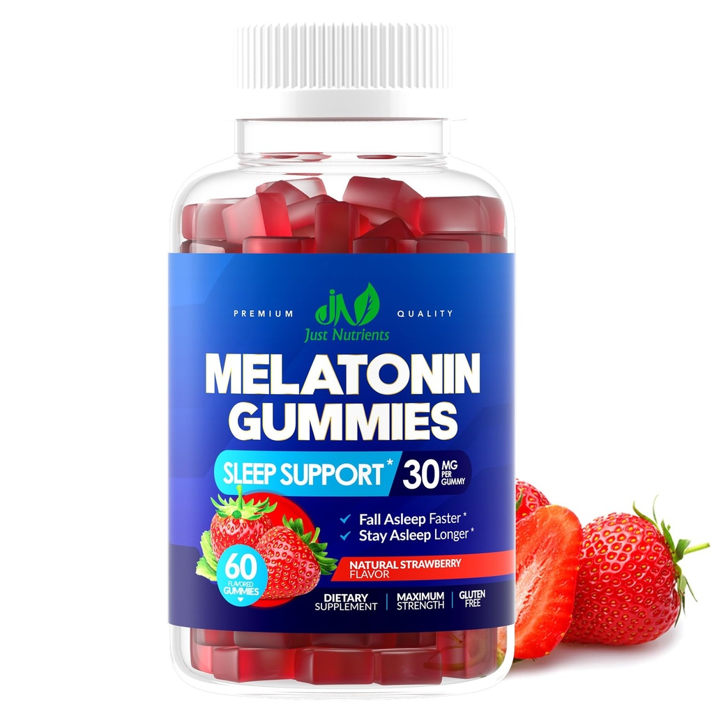Melatonine 30mg Gummies pour adultes (60 portions) - maximum de force de sommeil avec 30mg de Melatonine par gummy - sans gluten, sans sucre, non-OGM, 100% végétarien, saveur de fraise - 60 gummies