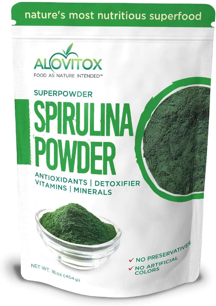 Alovitox Bio Spirulina Pulver | Nährstoffdichtes Superfood mit Antioxidantien, Proteine, Vitamin A und B, Fiber, Omegas 3, 6 & 9-100% Bio, keine Additive/Farben, Glutenfrei, Vegan, Non-GMO (1 lb)