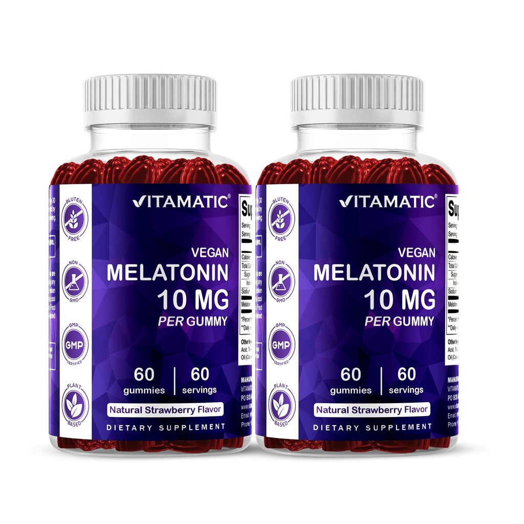 Mélatonine Vitamatique 10 mg Gummées végétariennes – Formation non-habitante – 60 Gummées par bouteille – 2-Pack (Total 120 Gummées végétaliennes)